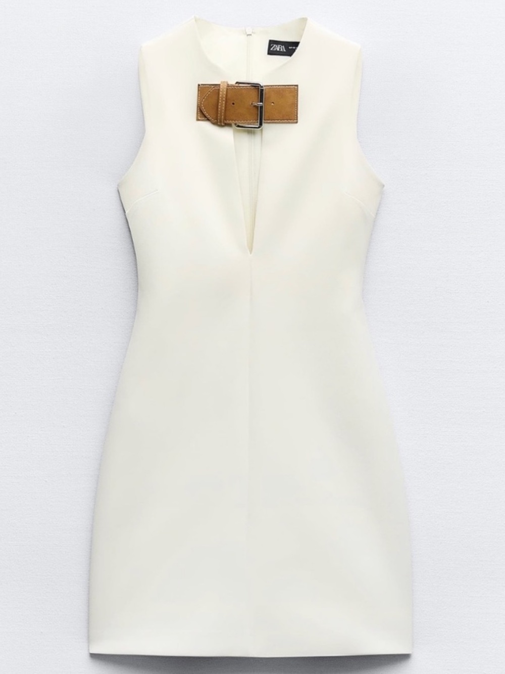 Zara Cream Sleeveless Mini Dress with Tan Buckle Detail